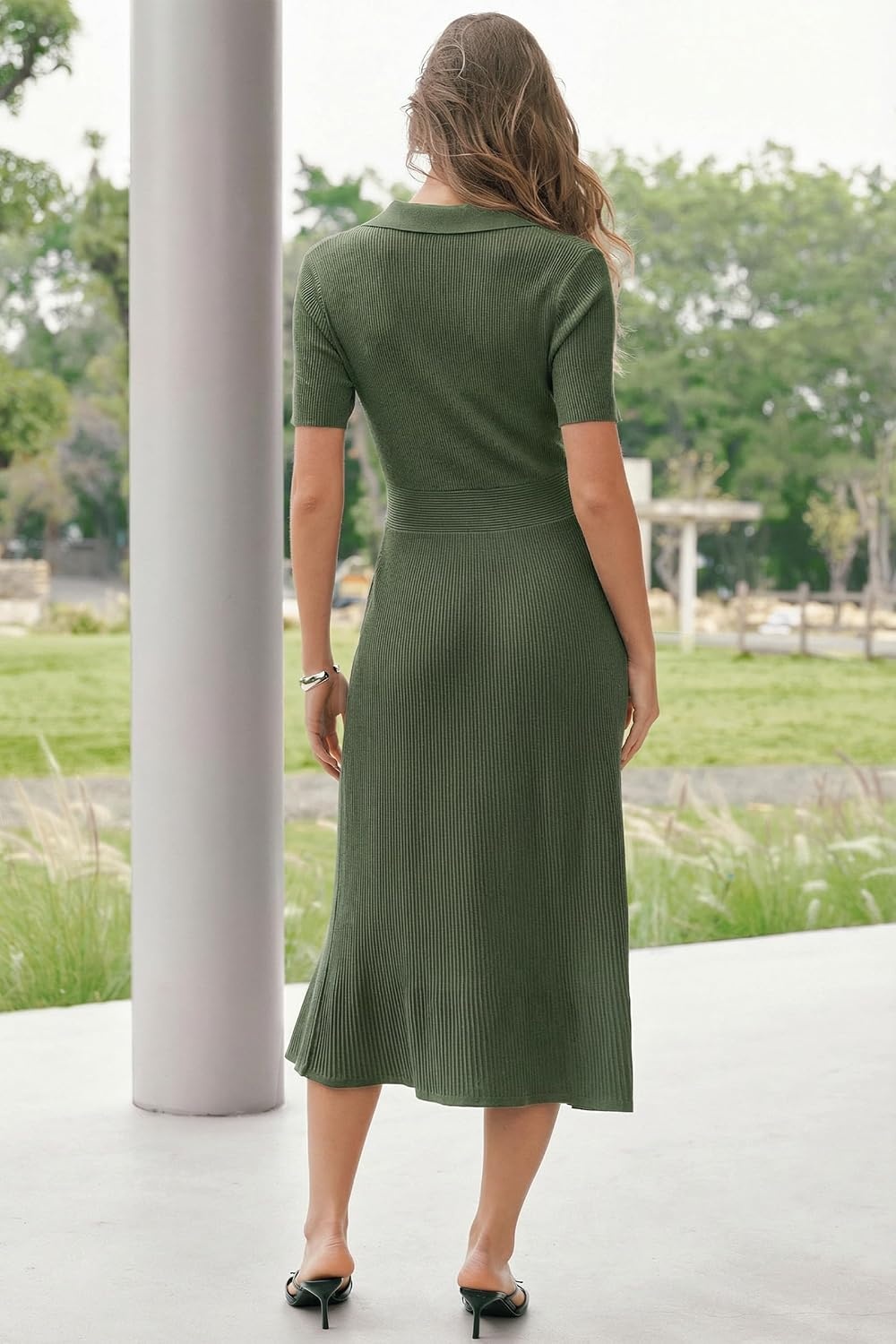 image:imageArachampCloz Womens Lyocell Blend Polo V Neck Spring Summer Work Short Sleeve A Line Midi Dress 2026Olive Green