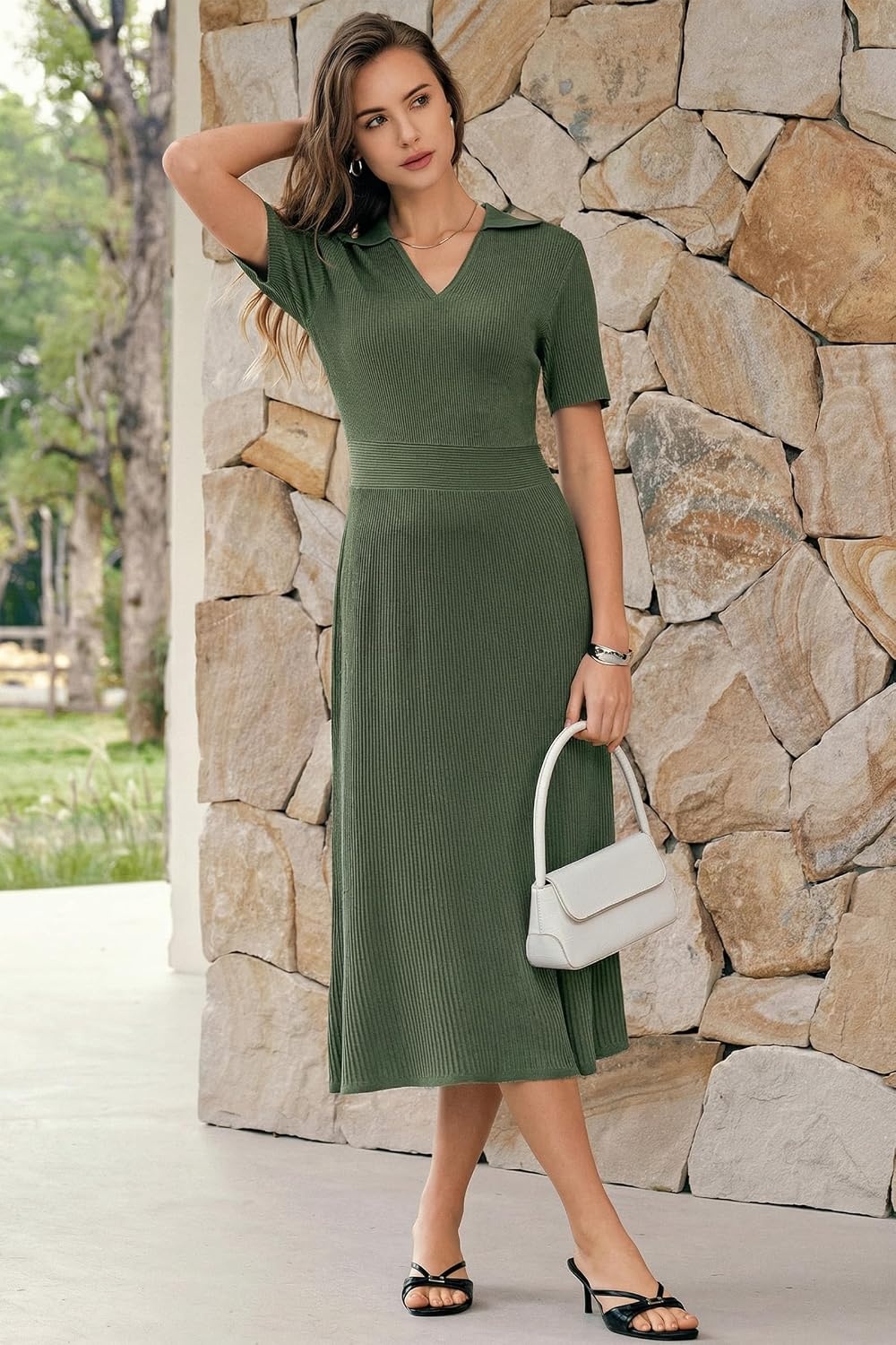 image:imageArachampCloz Womens Lyocell Blend Polo V Neck Spring Summer Work Short Sleeve A Line Midi Dress 2026Olive Green