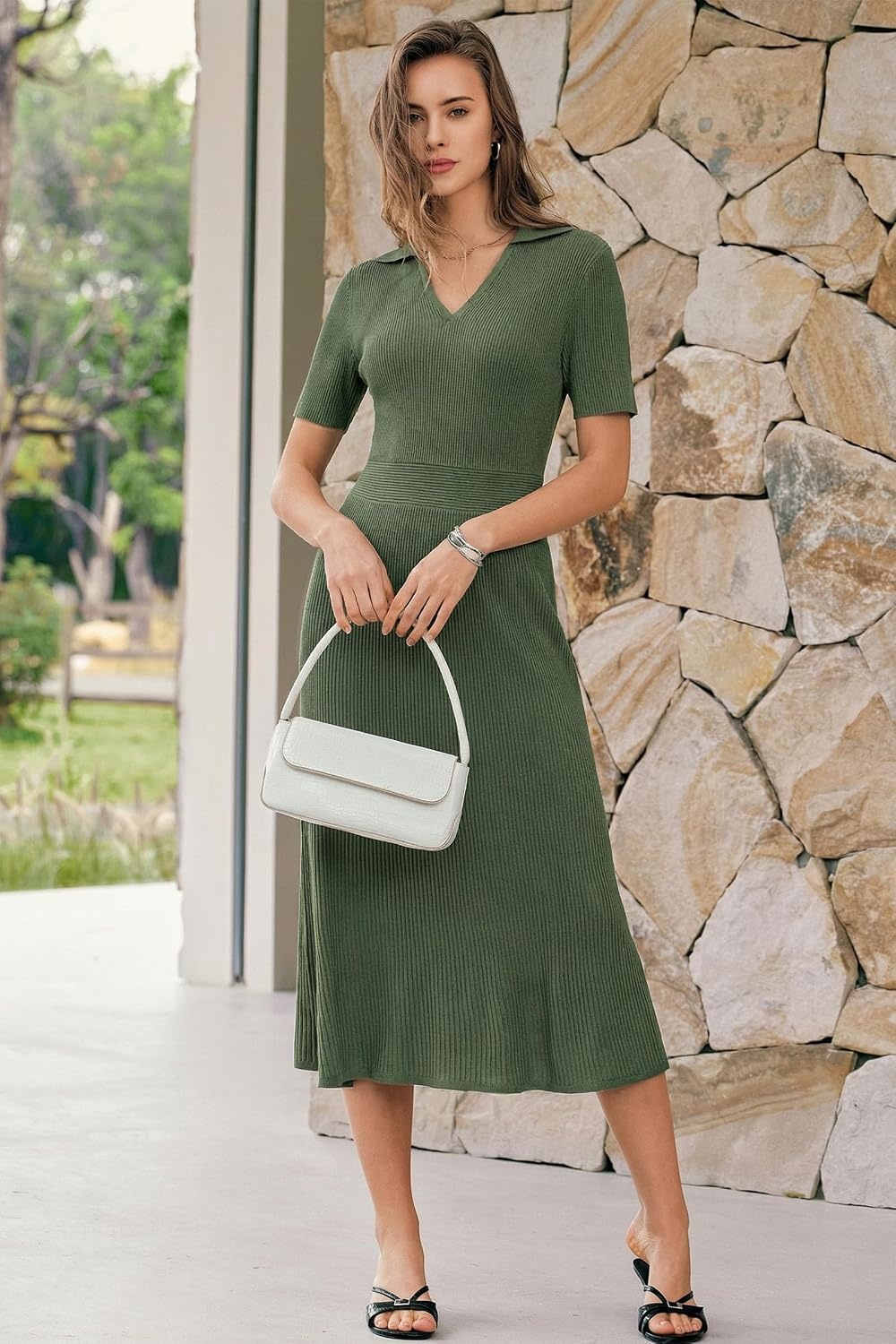 image:imageArachampCloz Womens Lyocell Blend Polo V Neck Spring Summer Work Short Sleeve A Line Midi Dress 2026Olive Green
