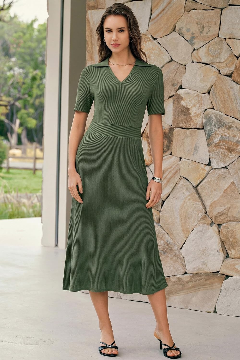 image:imageArachampCloz Womens Lyocell Blend Polo V Neck Spring Summer Work Short Sleeve A Line Midi Dress 2026Olive Green