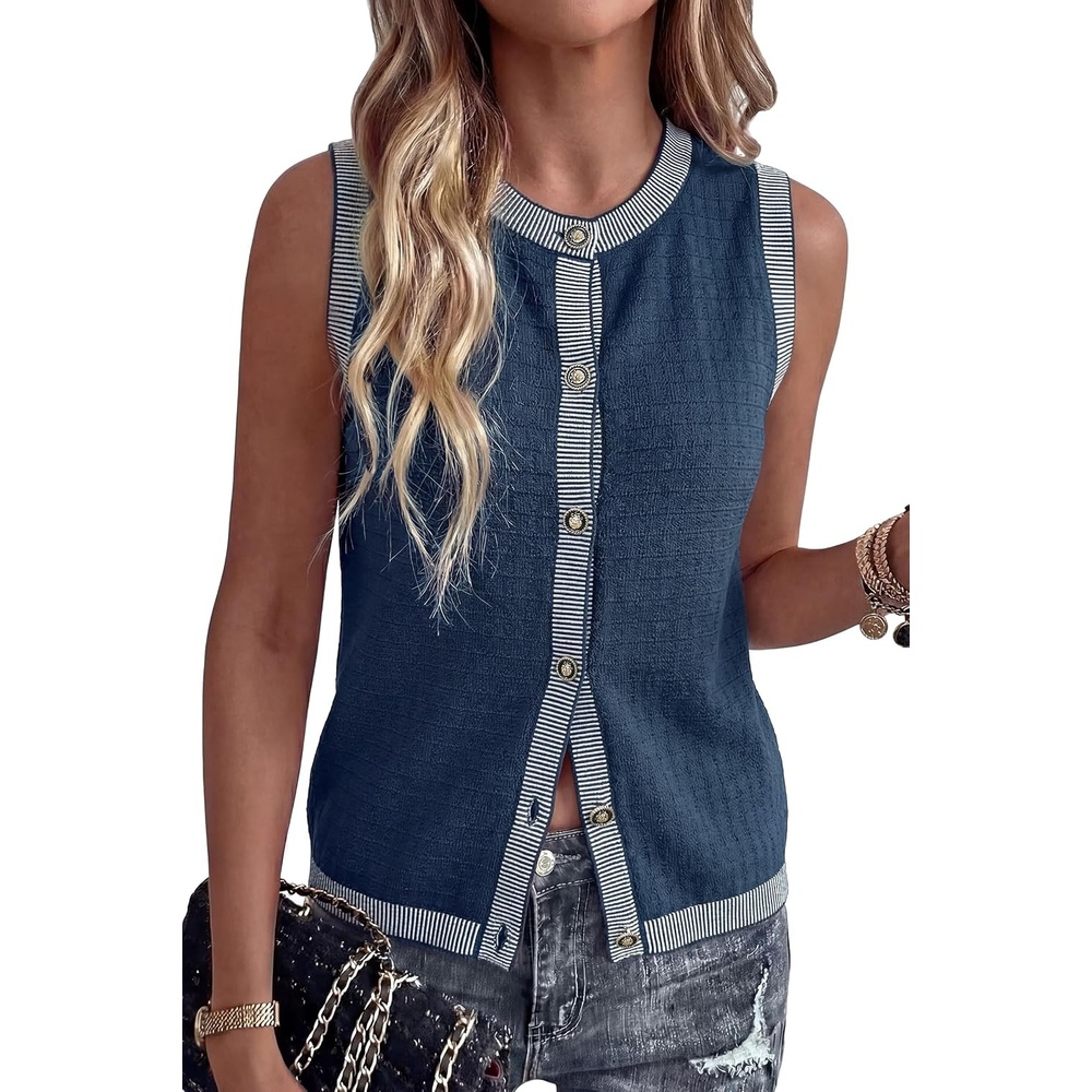 image:imageArachampCloz Womens 100 Cotton Crewneck Business Casual Contrast Trim Button Front Sweater Vests 2026Navy