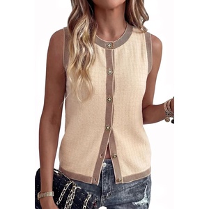 Arach&Cloz Women’s 100% Cotton Crewneck Business Casual Contrast Trim Button Front Sweater Vests 2026(Apricot)
