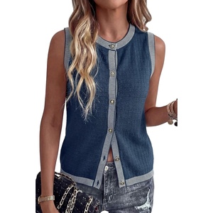Arach&Cloz Women’s 100% Cotton Crewneck Business Casual Contrast Trim Button Front Sweater Vests 2026(Navy)