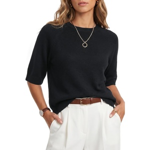 Arach&Cloz Women’s Cashmere Wool Elbow Sleeve Sweater Relaxed Fit Work Tops Summer 2026(Black)