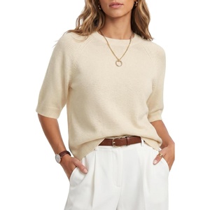 Arach&Cloz Women’s Cashmere Wool Elbow Sleeve Sweater Relaxed Fit Work Tops Summer 2026(Cream)