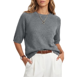Arach&Cloz Women’s Cashmere Wool Elbow Sleeve Sweater Relaxed Fit Work Tops Summer 2026(Grey)