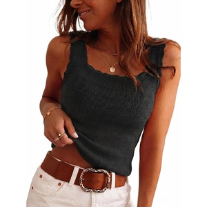 Arach&Cloz Women’s Wool Blend Slim Fit Business Casual Square Neck Sleeveless Sweater Tank Tops Summer(Black)