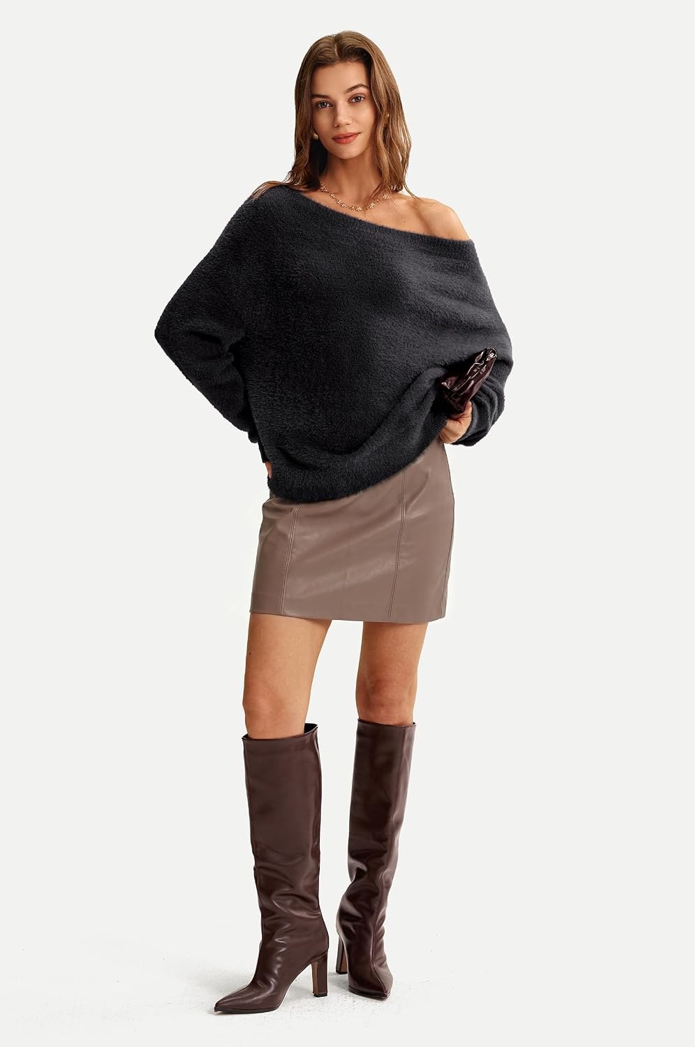 image:imageArachampCloz Women Long Sleeve Faux Fur Off Shoulder Fuzzy Fall Sweater 2026Black