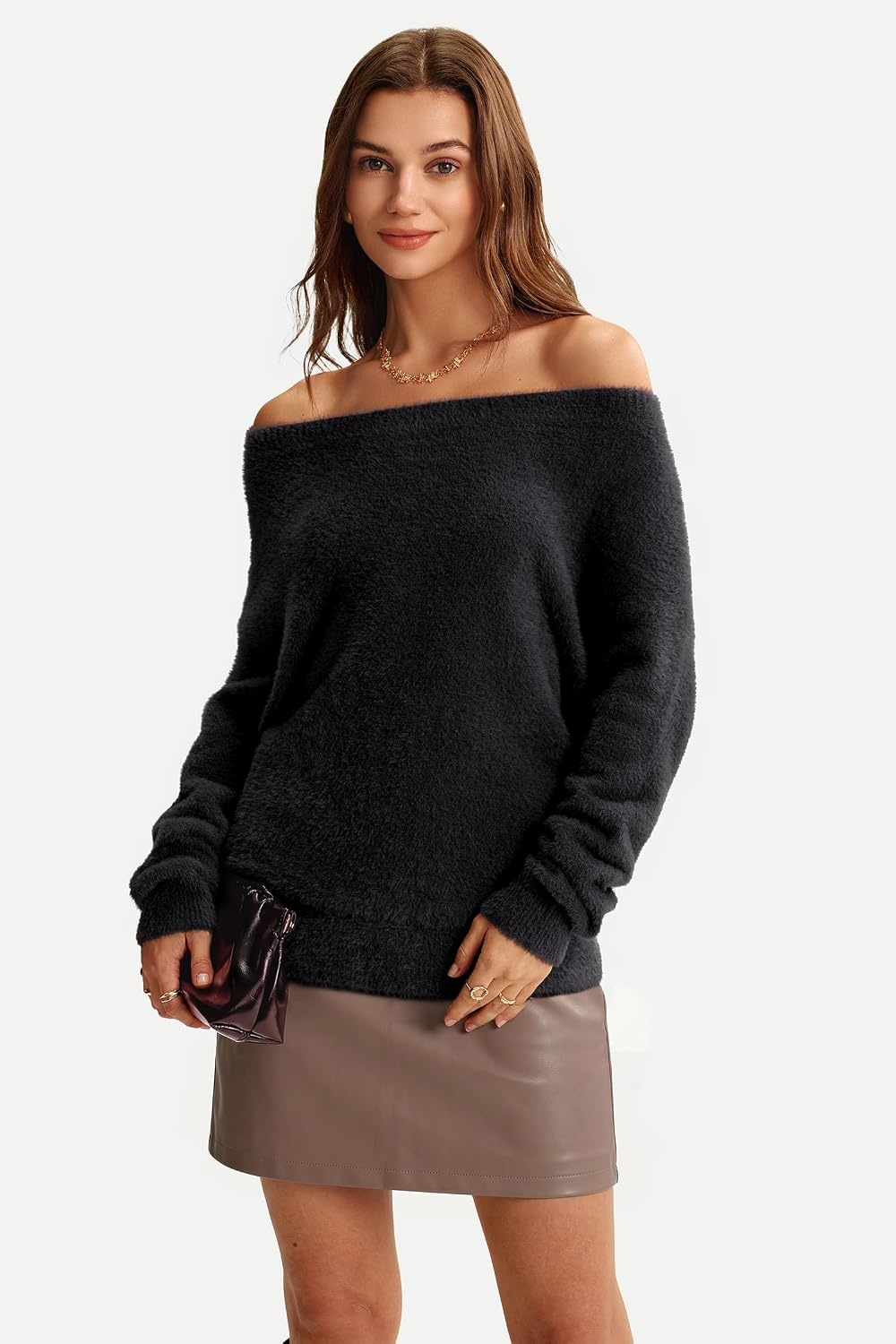 image:imageArachampCloz Women Long Sleeve Faux Fur Off Shoulder Fuzzy Fall Sweater 2026Black