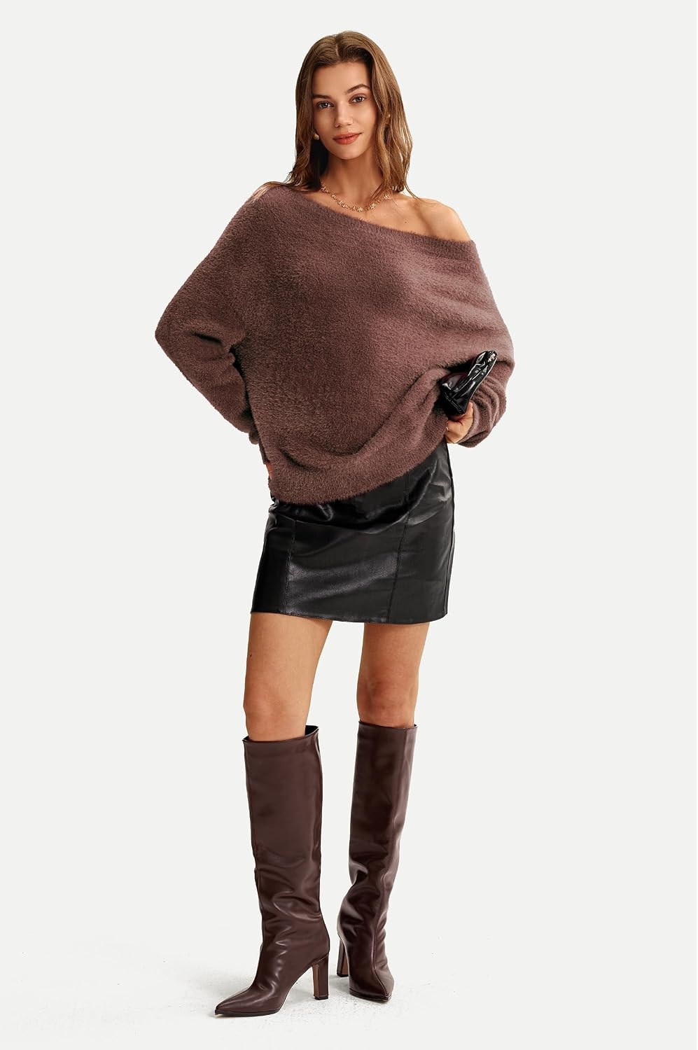 image:imageArachampCloz Women Long Sleeve Faux Fur Off Shoulder Fuzzy Fall Sweater 2026Coffee