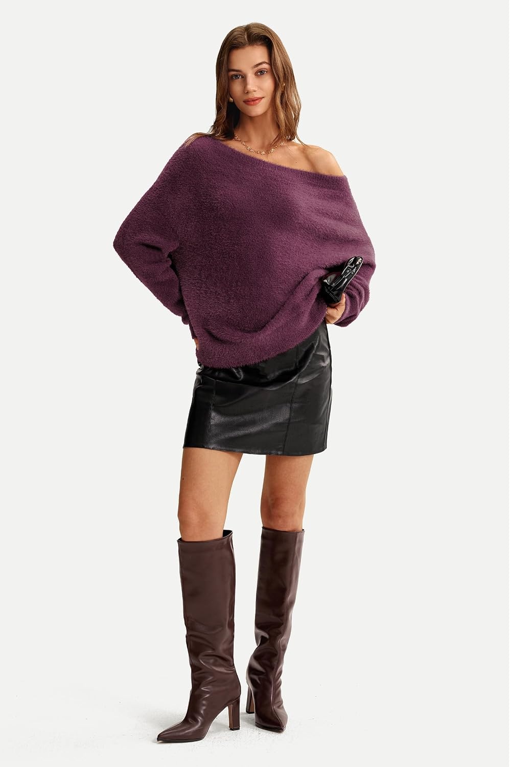 image:imageArachampCloz Women Long Sleeve Faux Fur Off Shoulder Fuzzy Fall Sweater 2026Dark Red