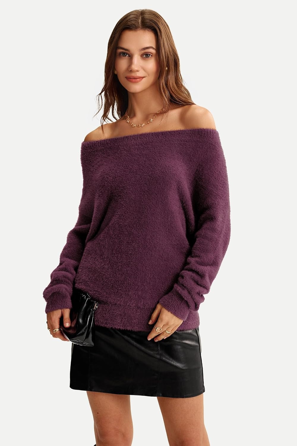 image:imageArachampCloz Women Long Sleeve Faux Fur Off Shoulder Fuzzy Fall Sweater 2026Dark Red