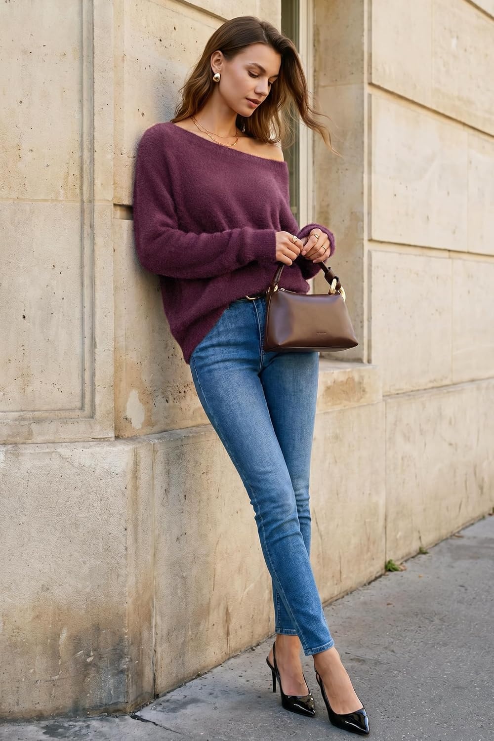 image:imageArachampCloz Women Long Sleeve Faux Fur Off Shoulder Fuzzy Fall Sweater 2026Dark Red