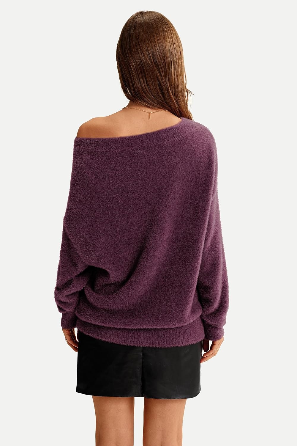 image:imageArachampCloz Women Long Sleeve Faux Fur Off Shoulder Fuzzy Fall Sweater 2026Dark Red