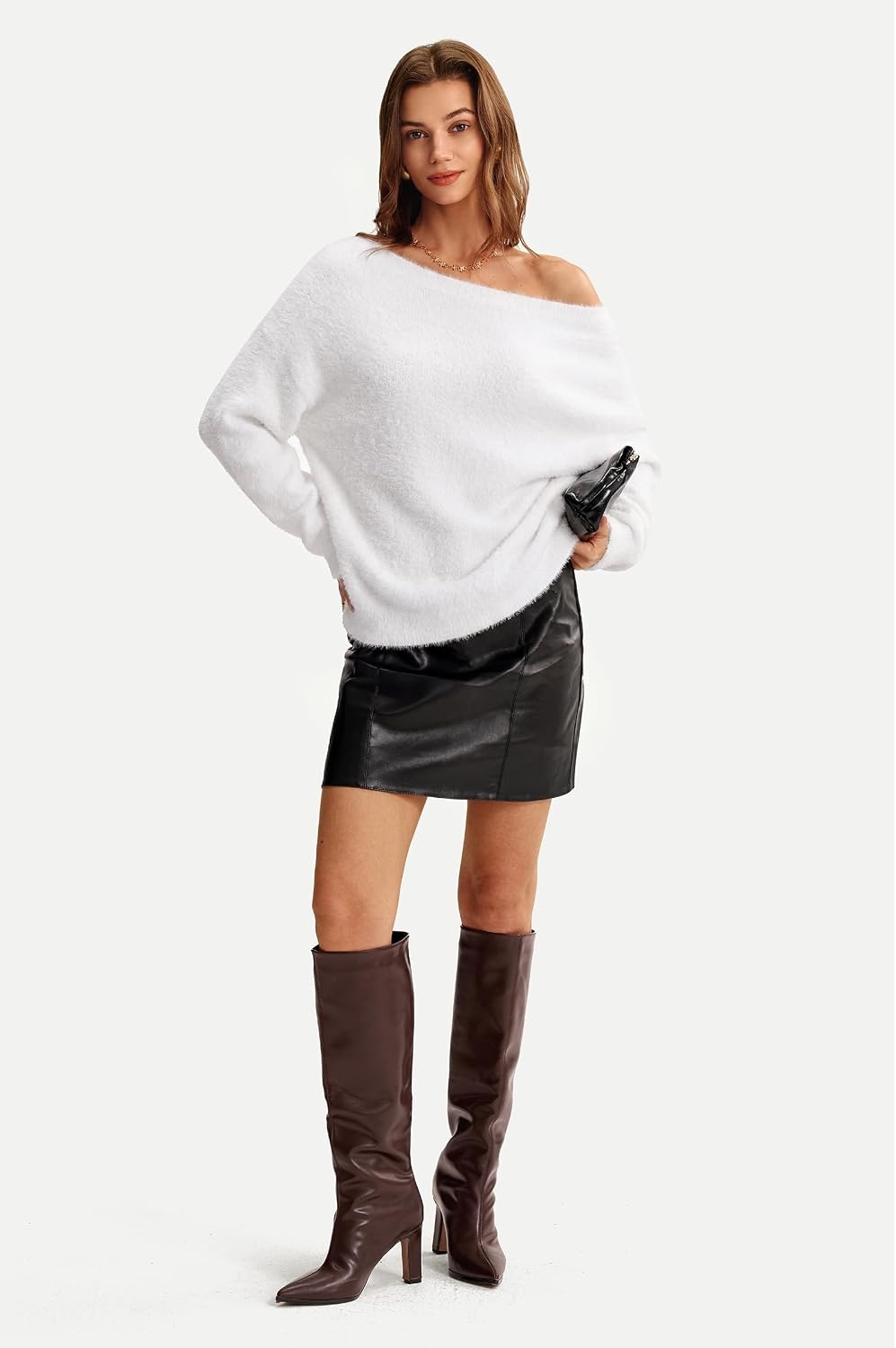 image:imageArachampCloz Women Long Sleeve Faux Fur Off Shoulder Fuzzy Fall Sweater 2026White