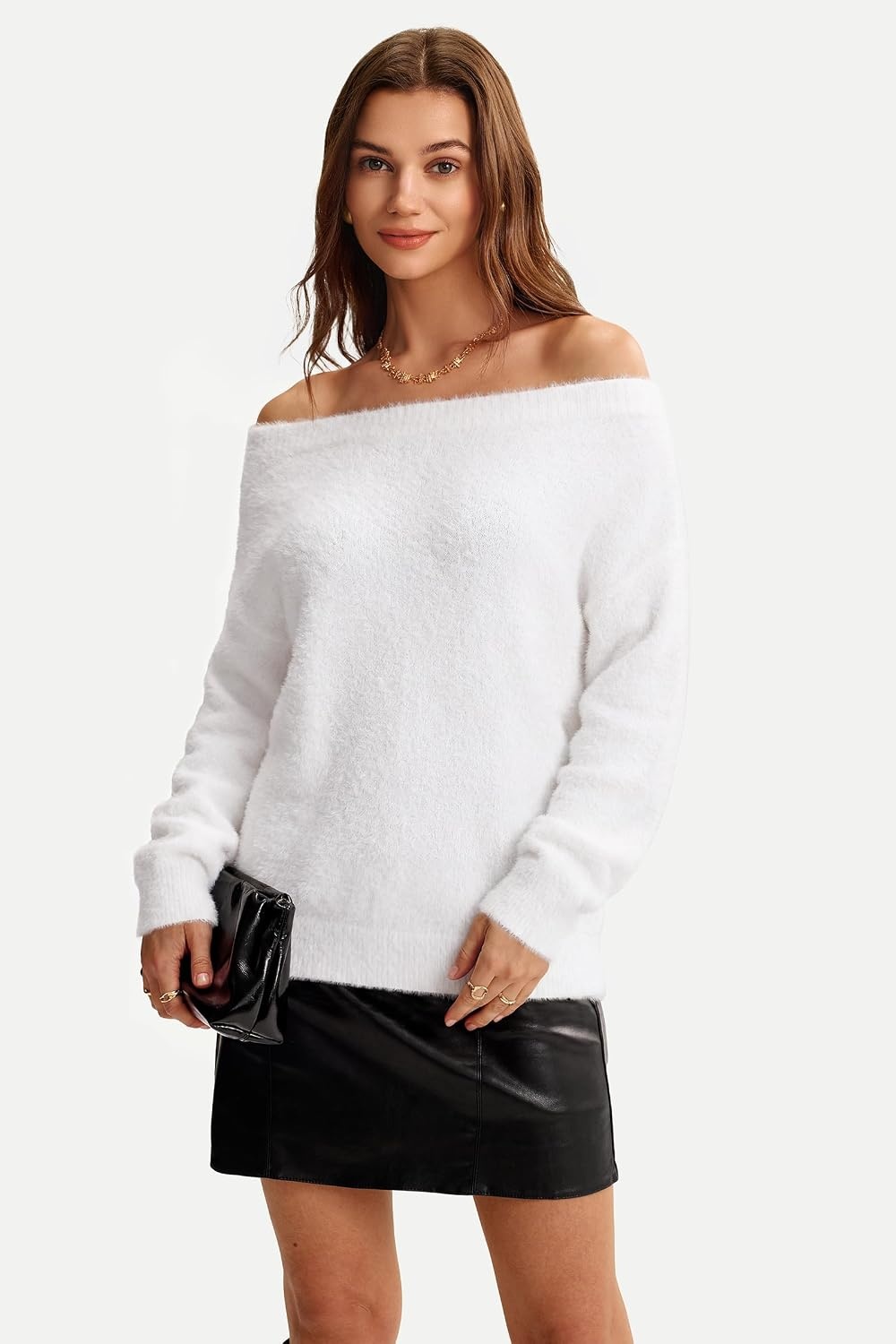 image:imageArachampCloz Women Long Sleeve Faux Fur Off Shoulder Fuzzy Fall Sweater 2026White