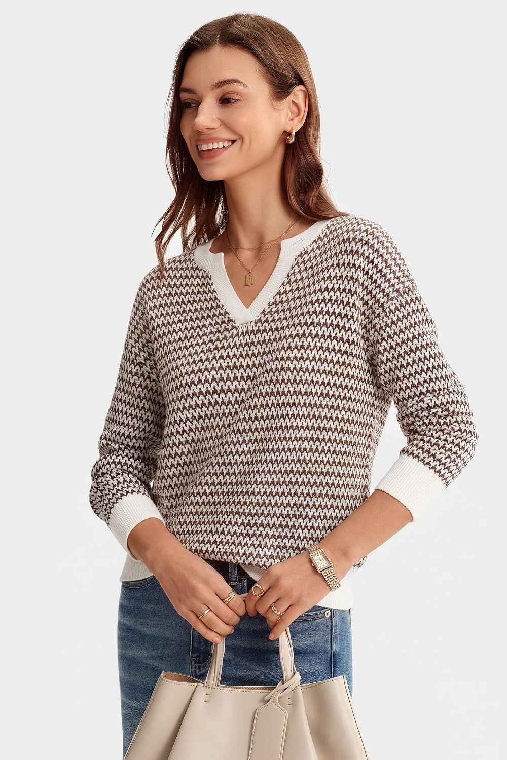 image:imageArachampCloz Womens 100 Cotton Polo V Neck Striped Short Sleeve Summer Casual Pullover Sweaters 2026Abrown