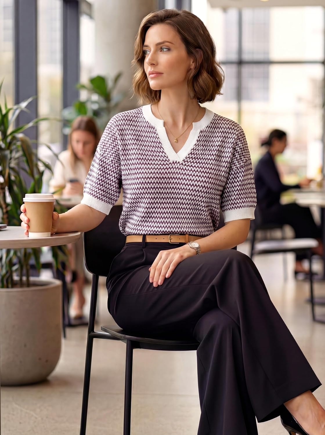 image:imageArachampCloz Womens 100 Cotton Polo V Neck Striped Short Sleeve Summer Casual Pullover Sweaters 2026Dark Red