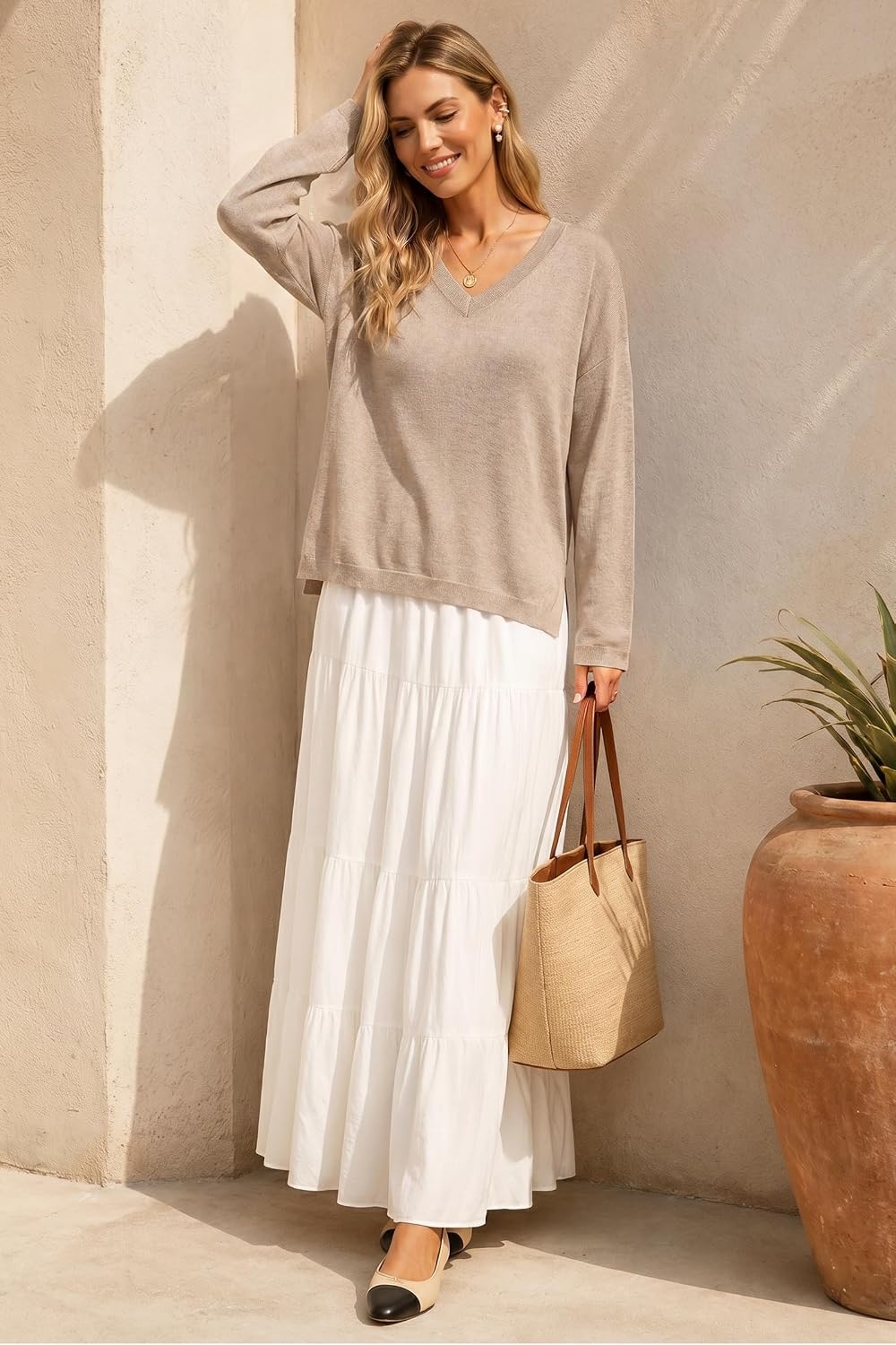 image:imageArachampCloz Womens Wool Blend Oversized V Neck Fall Casual Pullover SweaterApricot