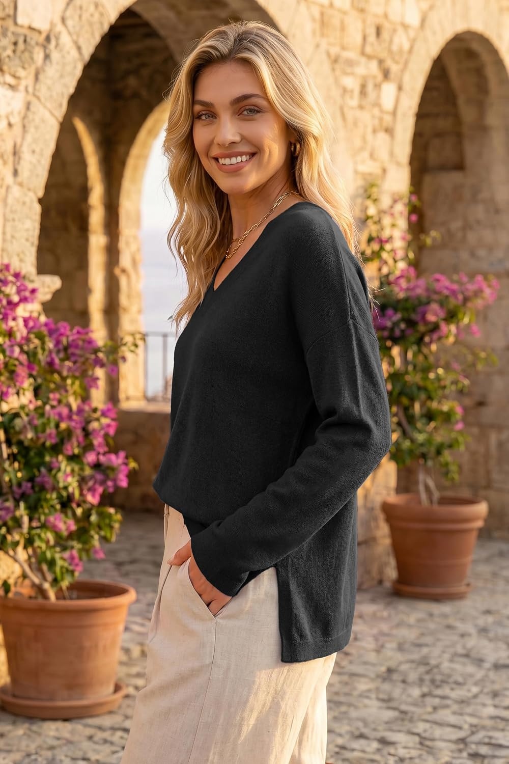 image:imageArachampCloz Womens Wool Blend Oversized V Neck Fall Casual Pullover SweaterBlack