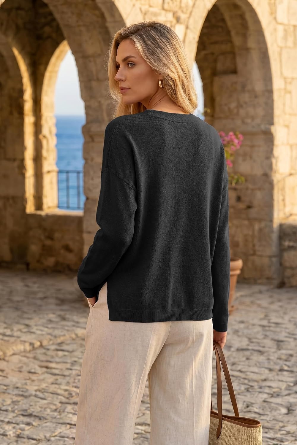 image:imageArachampCloz Womens Wool Blend Oversized V Neck Fall Casual Pullover SweaterBlack