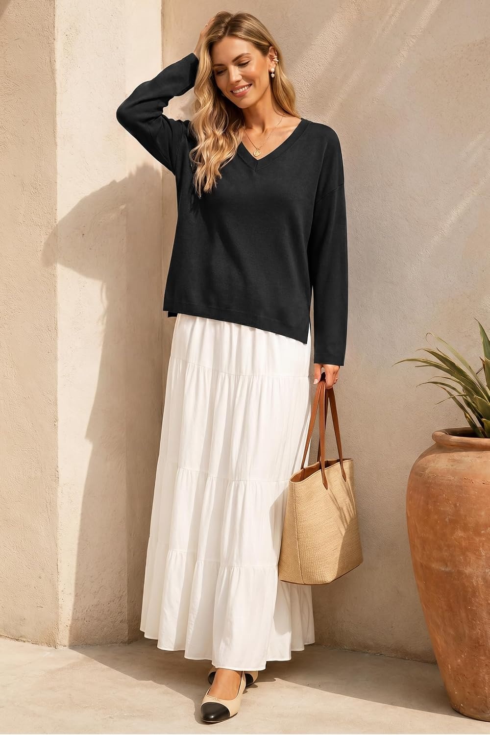 image:imageArachampCloz Womens Wool Blend Oversized V Neck Fall Casual Pullover SweaterBlack