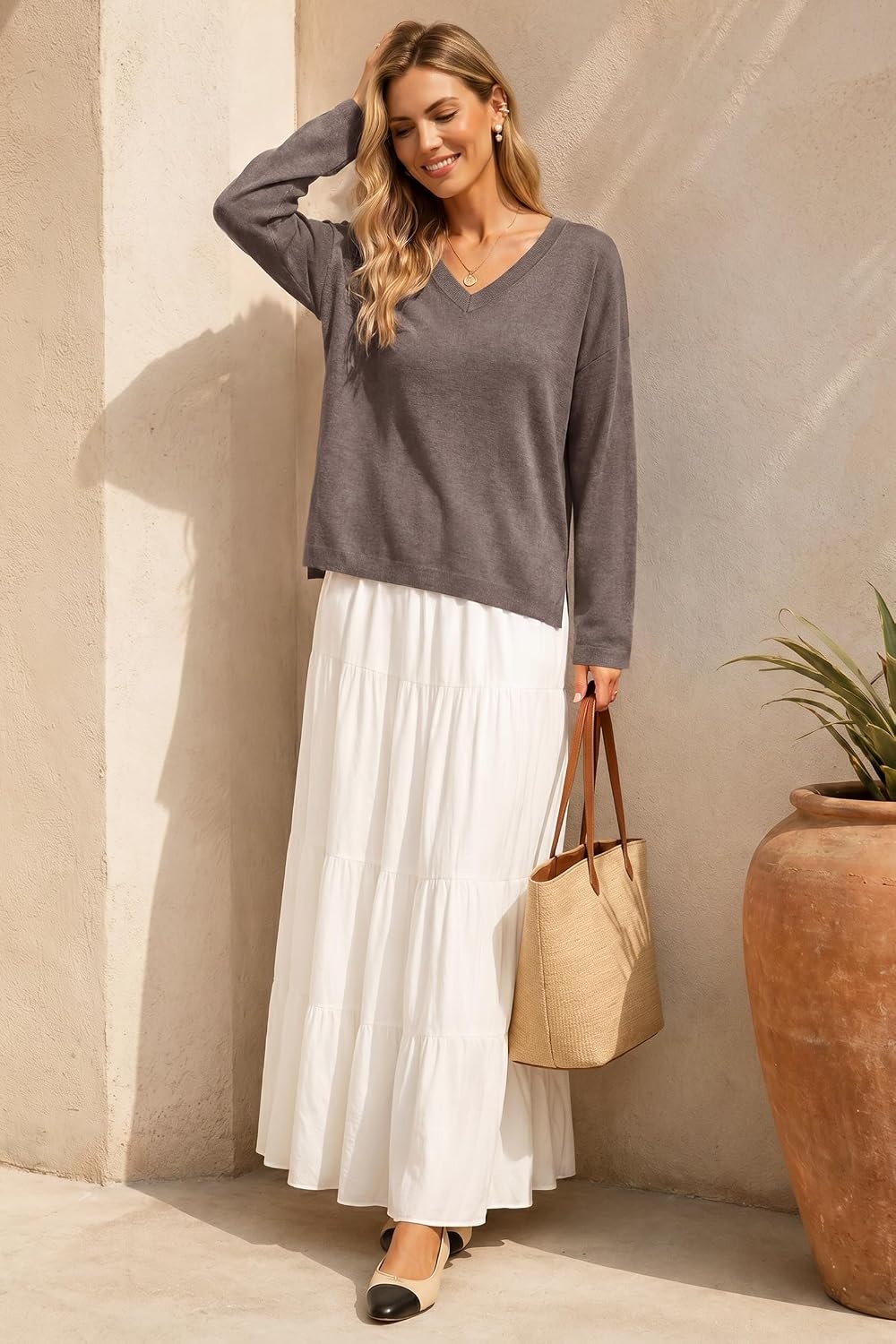 image:imageArachampCloz Womens Wool Blend Oversized V Neck Fall Casual Pullover SweaterCoffee