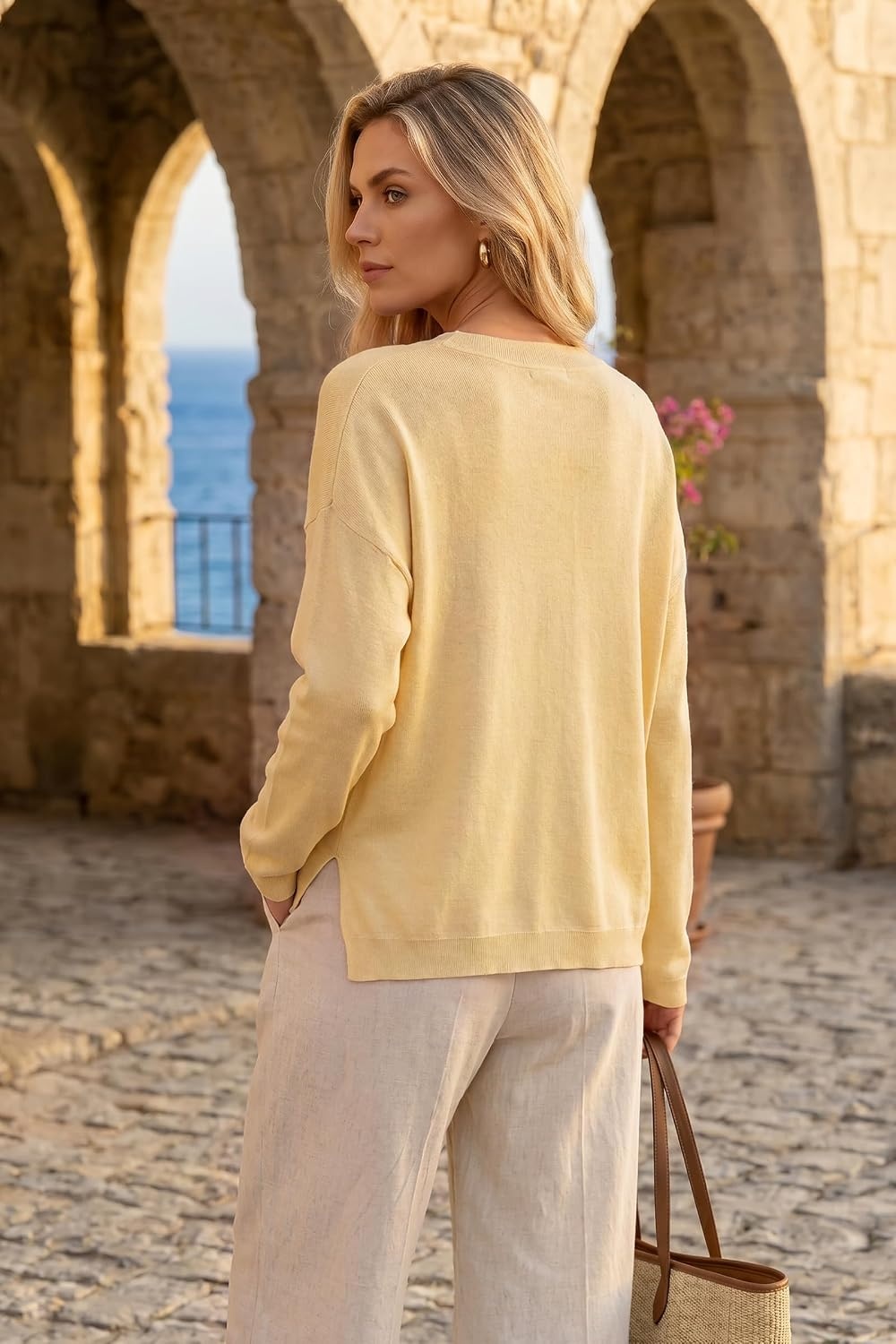 image:imageArachampCloz Womens Wool Blend Oversized V Neck Fall Casual Pullover SweaterCream Yellow