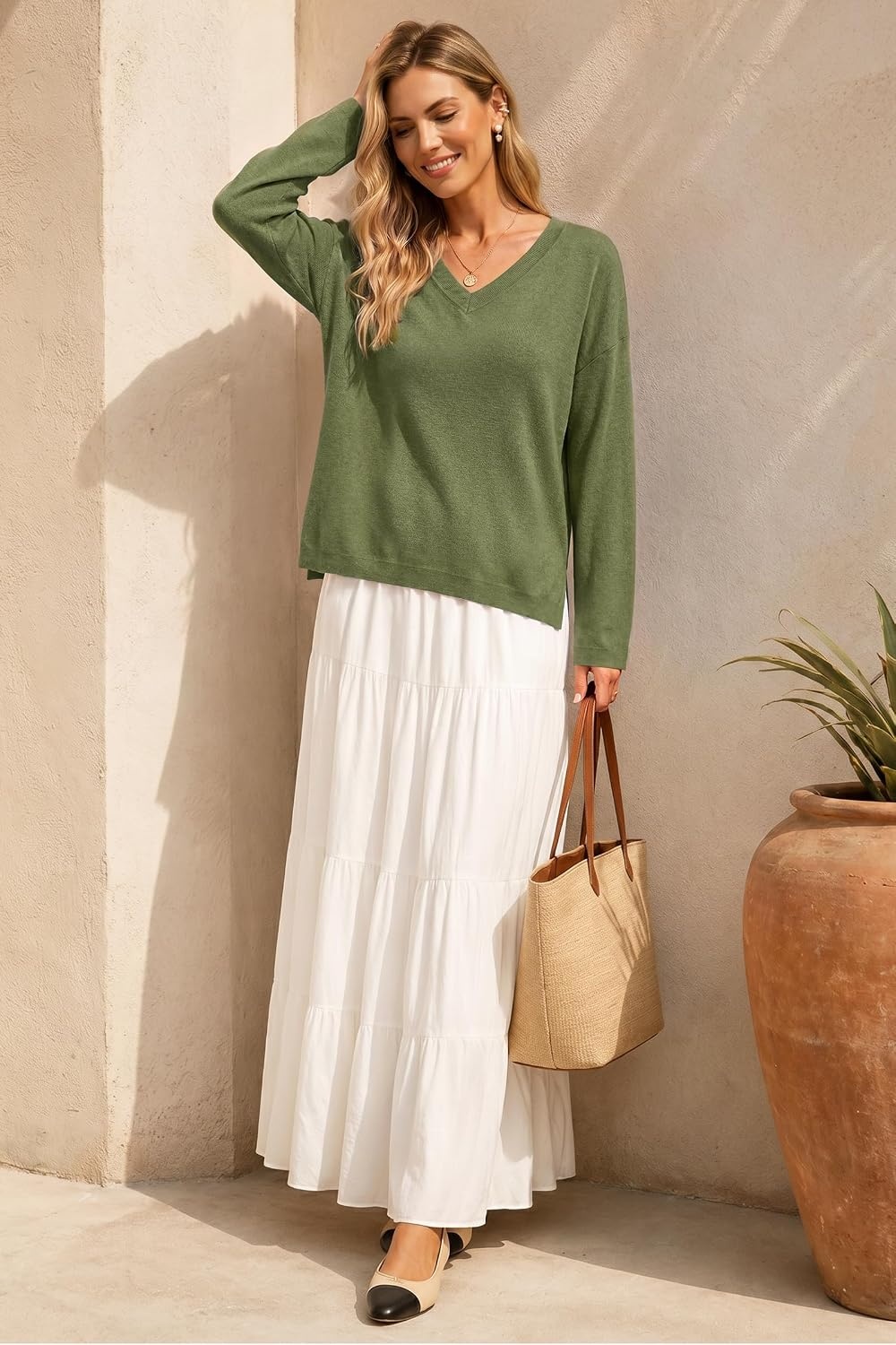 image:imageArachampCloz Womens Wool Blend Oversized V Neck Fall Casual Pullover SweaterOlive Green