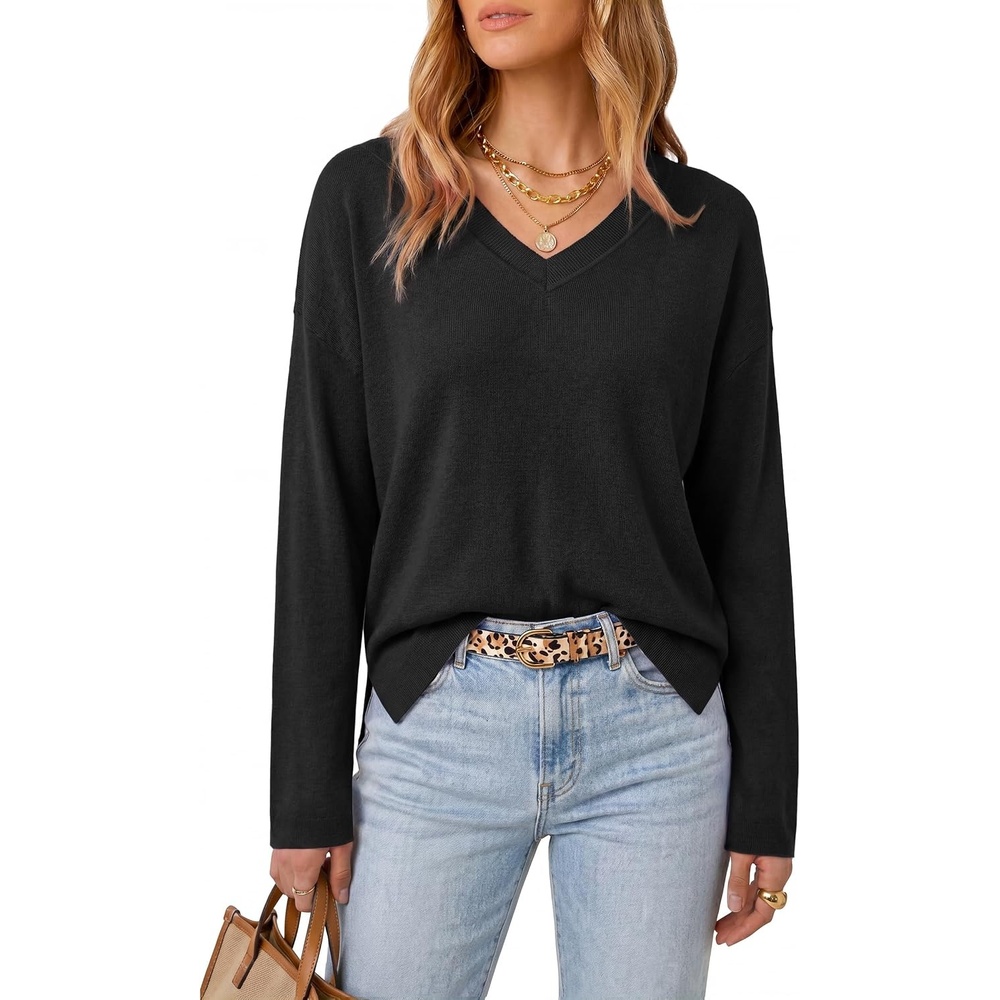 image:imageArachampCloz Womens Wool Blend Oversized V Neck Fall Casual Pullover SweaterBlack
