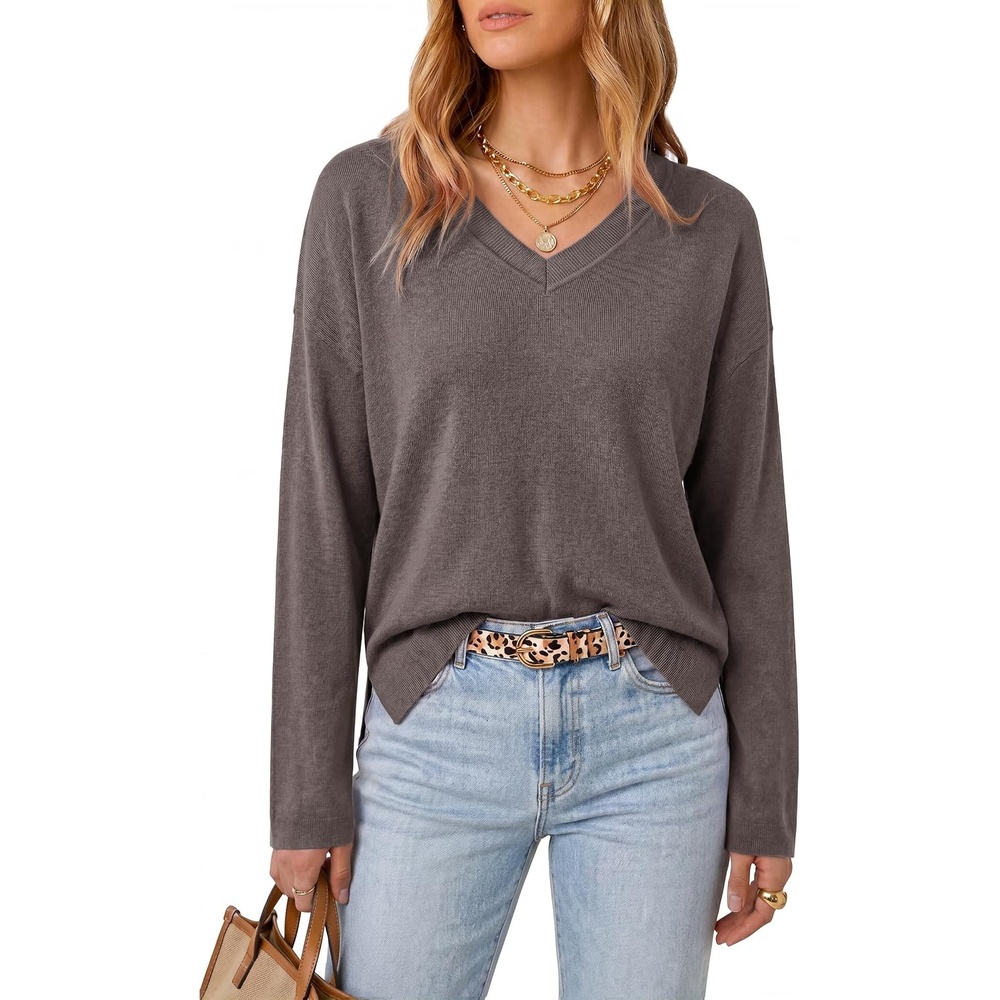 image:imageArachampCloz Womens Wool Blend Oversized V Neck Fall Casual Pullover SweaterCoffee