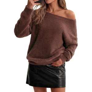 Arach&Cloz Women Long Sleeve Faux Fur Off Shoulder Fuzzy Fall Sweater 2026(Coffee)
