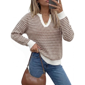 Arach&Cloz Women’s 100% Cotton Polo V Neck Striped Short Sleeve Summer Casual Pullover Sweaters 2026(A-brown)