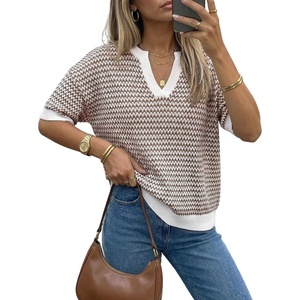 Arach&Cloz Women’s 100% Cotton Polo V Neck Striped Short Sleeve Summer Casual Pullover Sweaters 2026(Brown)
