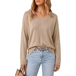 Arach&Cloz Women’s Wool Blend Oversized V Neck Fall Casual Pullover Sweater(Apricot)