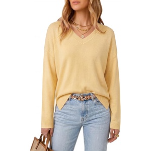 Arach&Cloz Women’s Wool Blend Oversized V Neck Fall Casual Pullover Sweater(Cream Yellow)