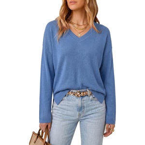 Arach&Cloz Women’s Wool Blend Oversized V Neck Fall Casual Pullover Sweater(Haze Blue)