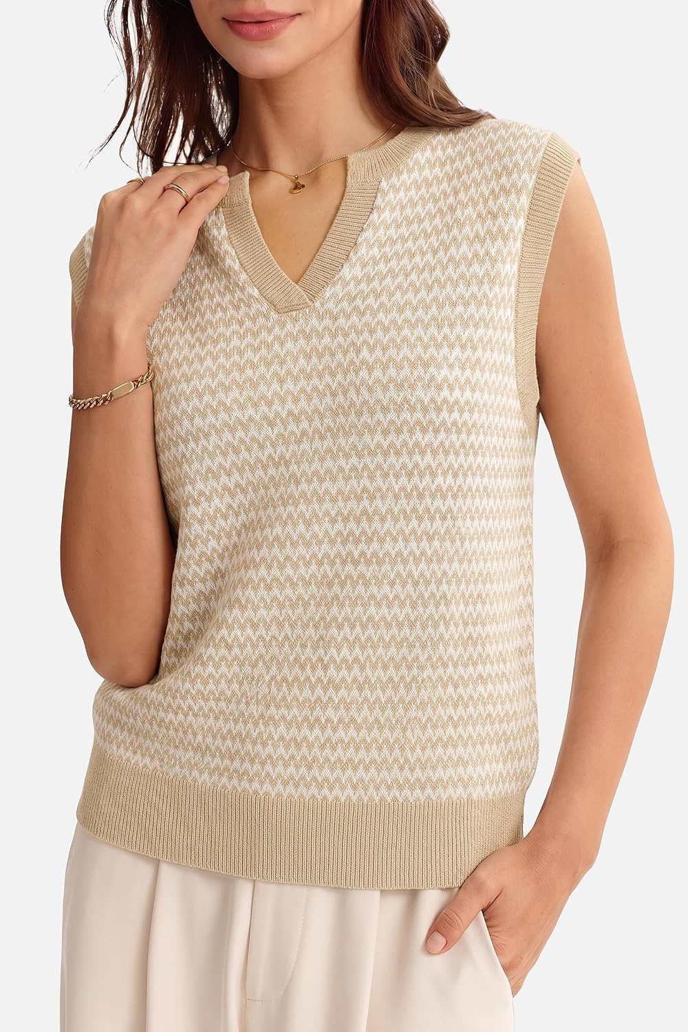 image:imageArachampCloz Womens 100 Cotton Regular Fit Polo V Neck Striped Sweater Vest Casual Tops 2026Apricot