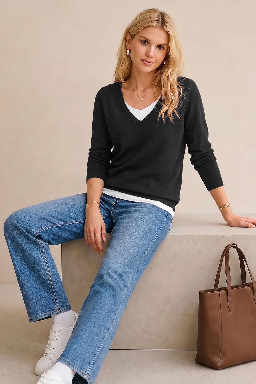 image:imageArachampCloz Womens Wool Blend Patchwork V Neck Casual Sweater TopsBlack