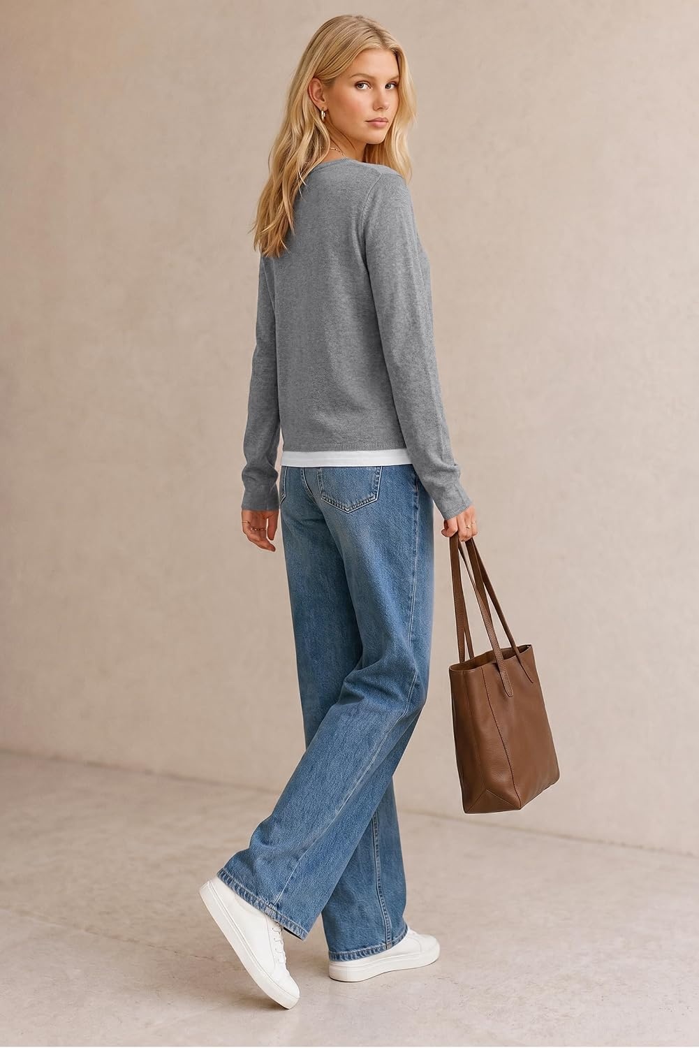 image:imageArachampCloz Womens Wool Blend Patchwork V Neck Casual Sweater TopsHeather Gray