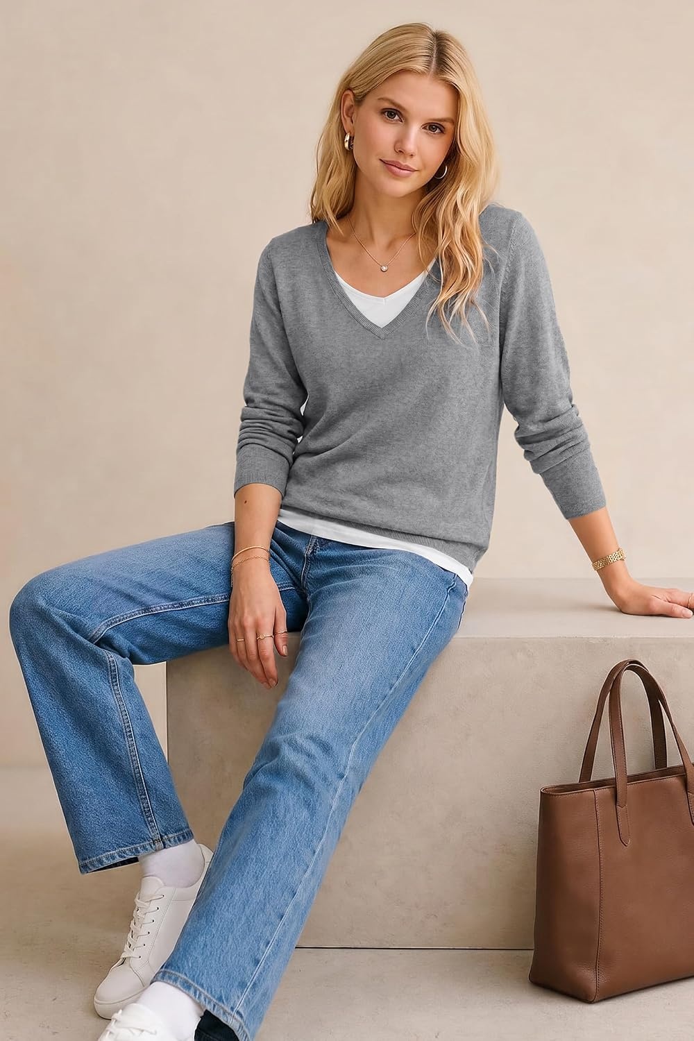 image:imageArachampCloz Womens Wool Blend Patchwork V Neck Casual Sweater TopsHeather Gray