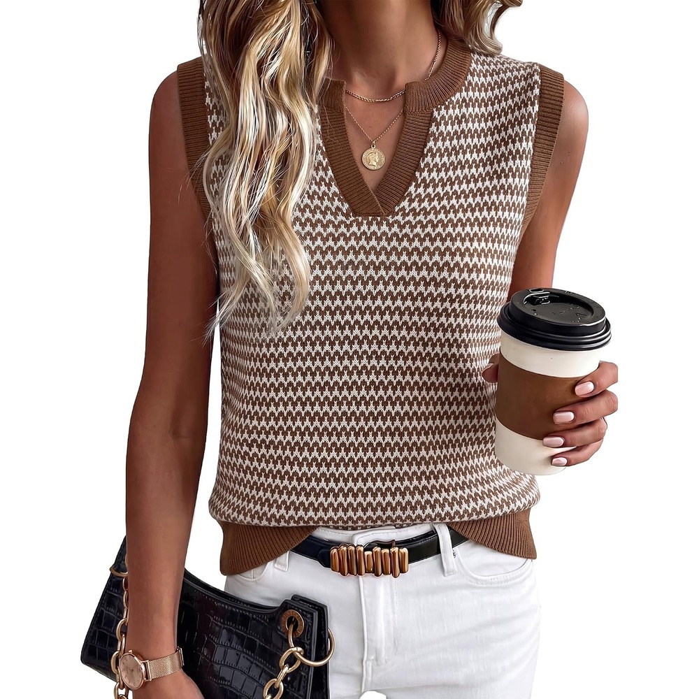 image:imageArachampCloz Womens 100 Cotton Regular Fit Polo V Neck Striped Sweater Vest Casual Tops 2026Brown