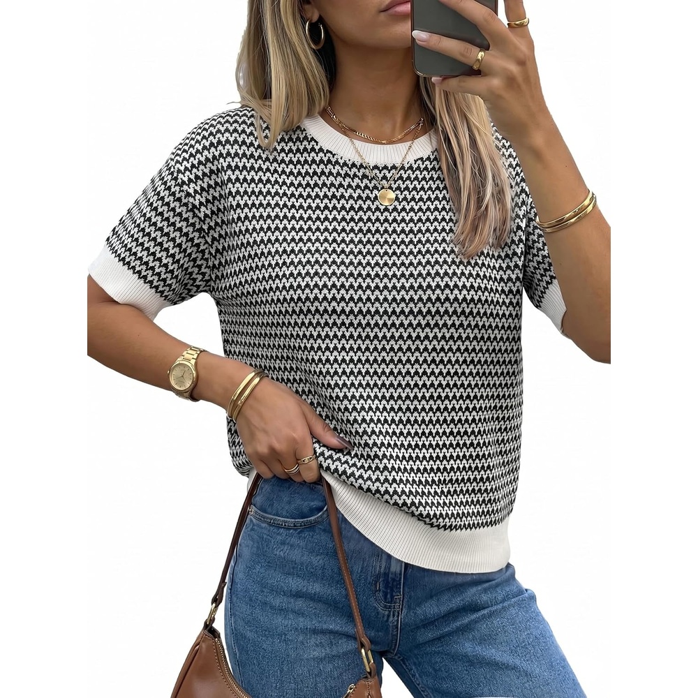 image:imageArachampCloz Womens Classic Knit Striped Summer Work Crewneck Sweater TopsBlack