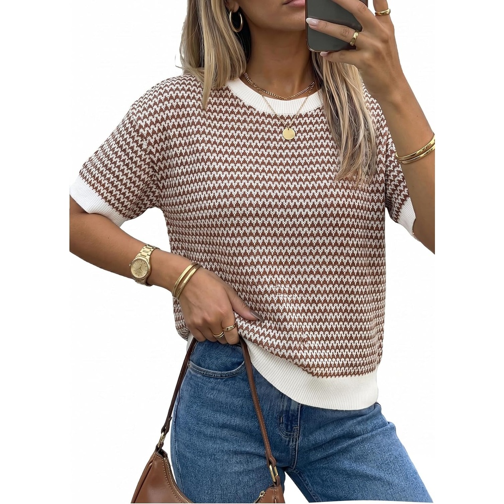image:imageArachampCloz Womens Classic Knit Striped Summer Work Crewneck Sweater TopsBrown