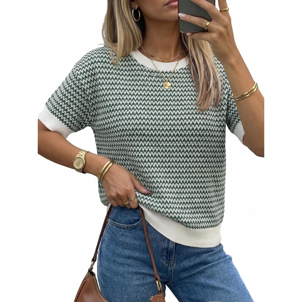 image:imageArachampCloz Womens Classic Knit Striped Summer Work Crewneck Sweater TopsGreen