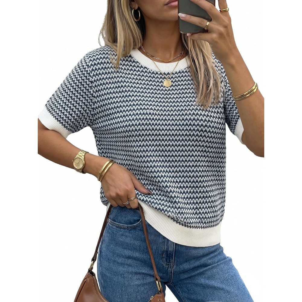 image:imageArachampCloz Womens Classic Knit Striped Summer Work Crewneck Sweater TopsNavy