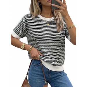 Arach&Cloz Women’s Classic Knit Striped Summer Work Crewneck Sweater Tops(Black)
