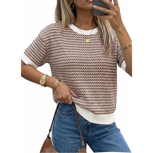 Arach&Cloz Women’s Classic Knit Striped Summer Work Crewneck Sweater Tops(Brown)