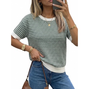 Arach&Cloz Women’s Classic Knit Striped Summer Work Crewneck Sweater Tops(Green)