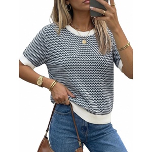 Arach&Cloz Women’s Classic Knit Striped Summer Work Crewneck Sweater Tops(Navy)